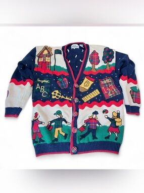 BellePointe Vintage School Teacher Cardigan Sweater Navy Blue Plaid Applique M